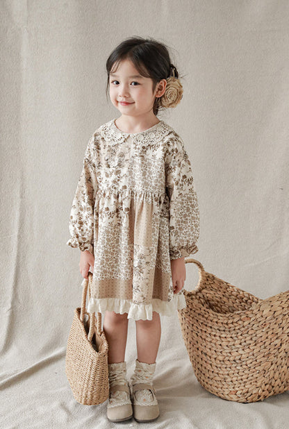 Fleur Crochet Collar Dress, Mocha Floral Patchwork