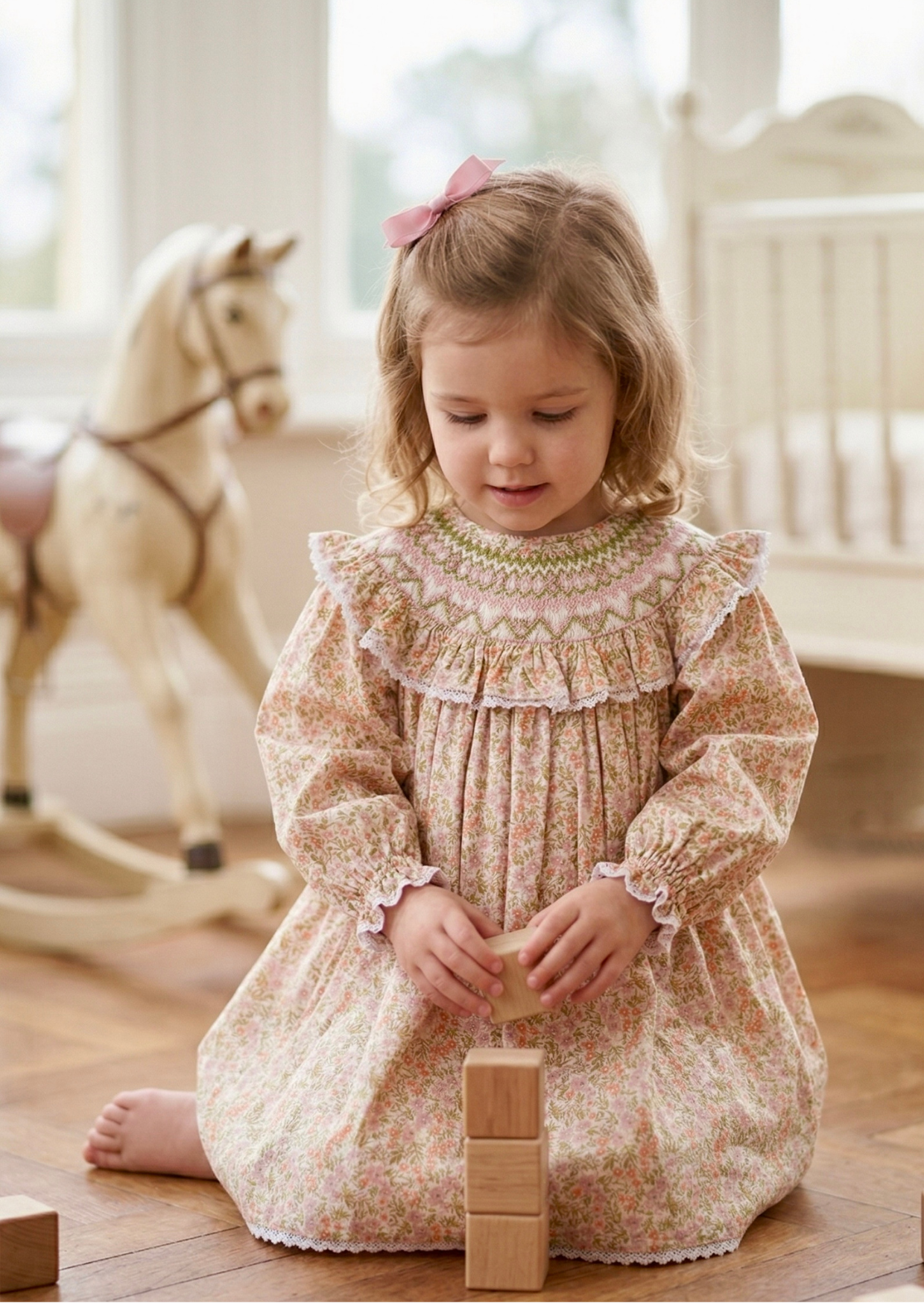 Camille Ruffled Hand-Smocked Dress, Peach Blossom