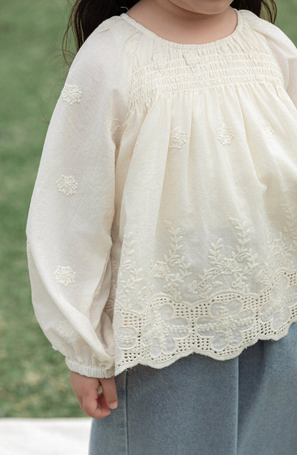 Floral Embroidered Broderie Detail Blouse, Ivory