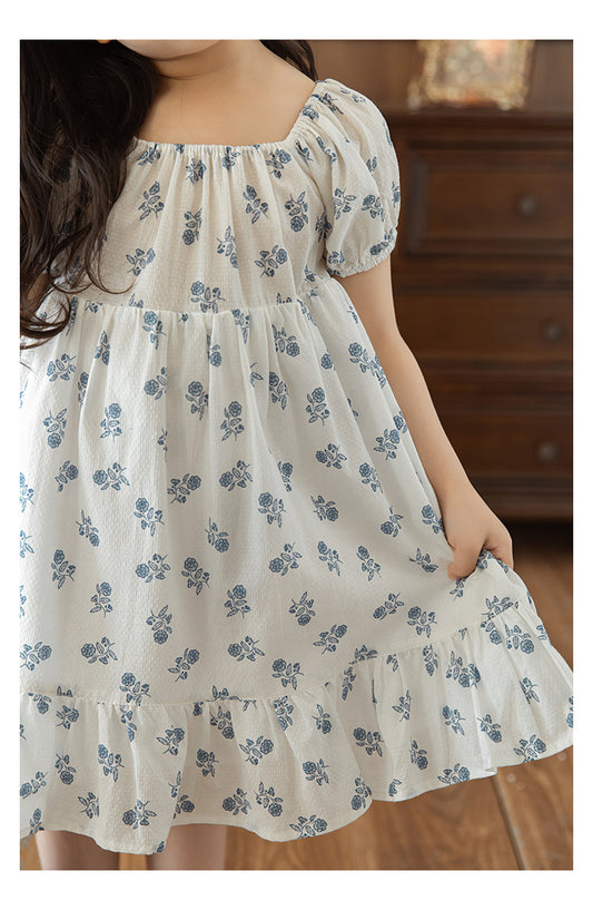 Elsie Square Neck Ruffle Hem Dress, Blue Floral