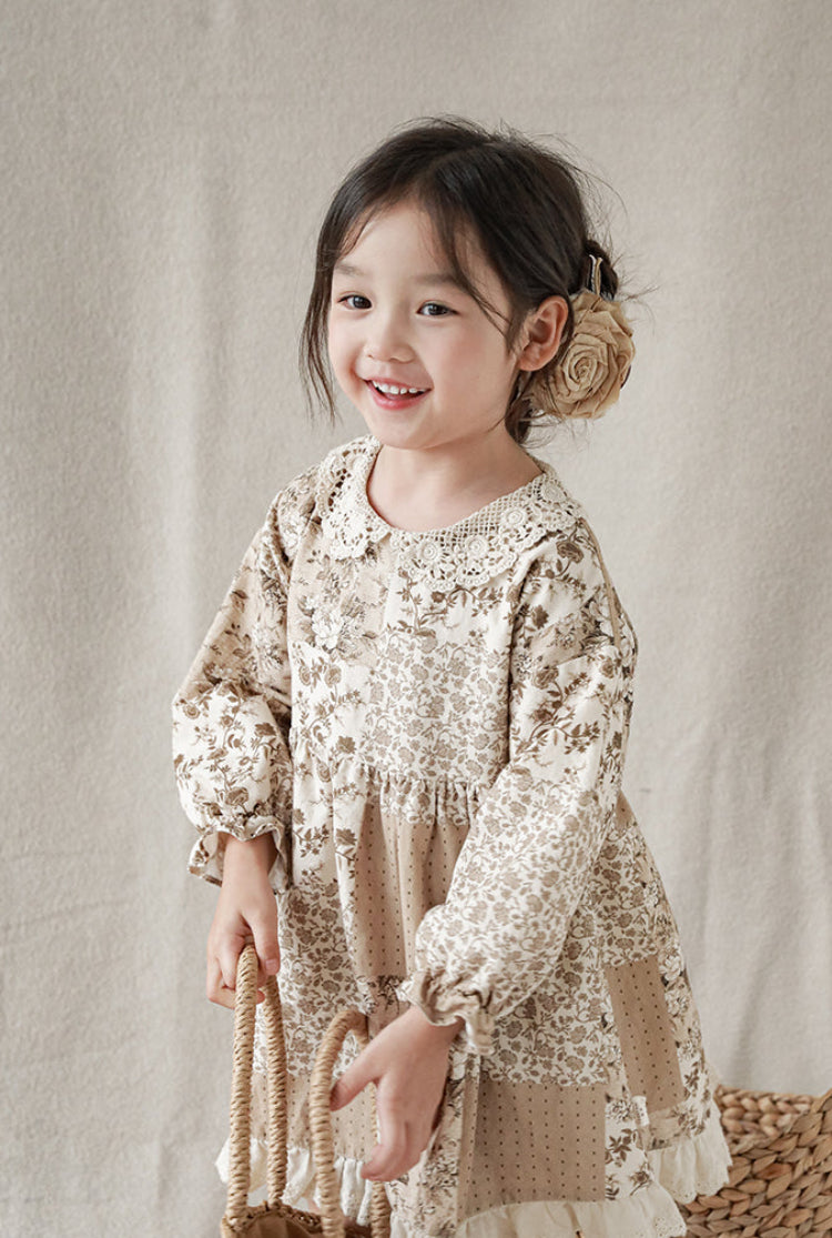 Fleur Crochet Collar Dress, Mocha Floral Patchwork