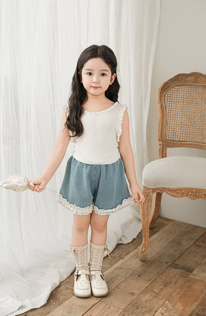 Lace Hem Denim Shorts, Light Blue
