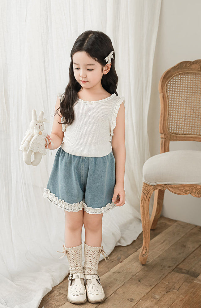 Lace Hem Denim Shorts, Light Blue