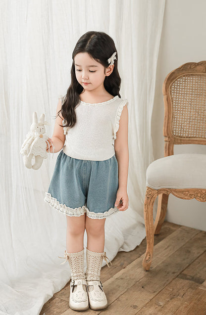 Lace Hem Denim Shorts, Light Blue