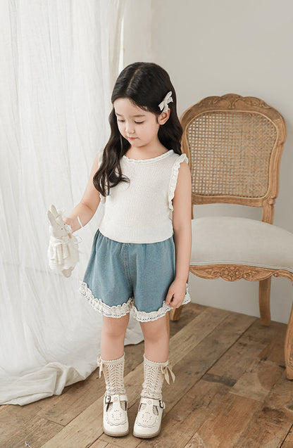 Lace Hem Denim Shorts, Light Blue