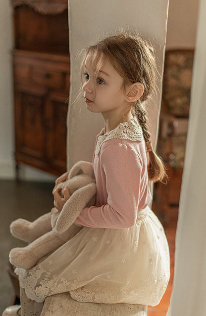 Crochet Collar Ribbed Blouse, Blush Pink