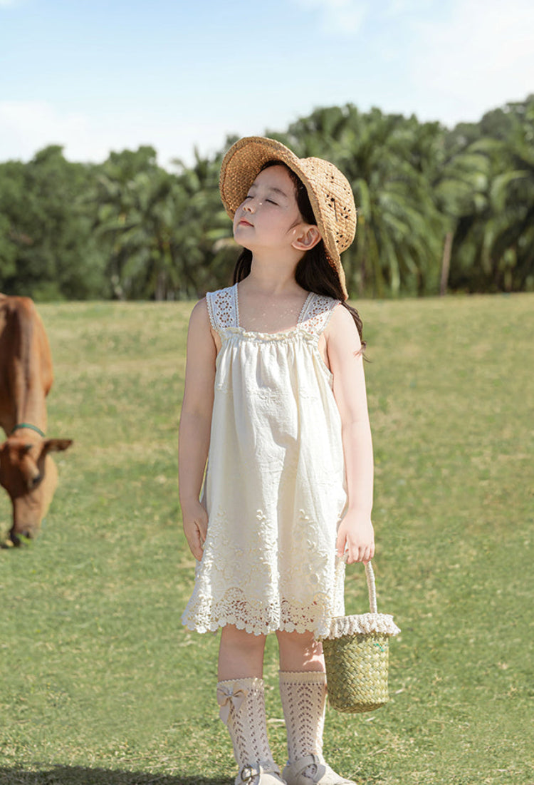 Elodie Floral Embroidered Broderie Strap Dress, Ivory