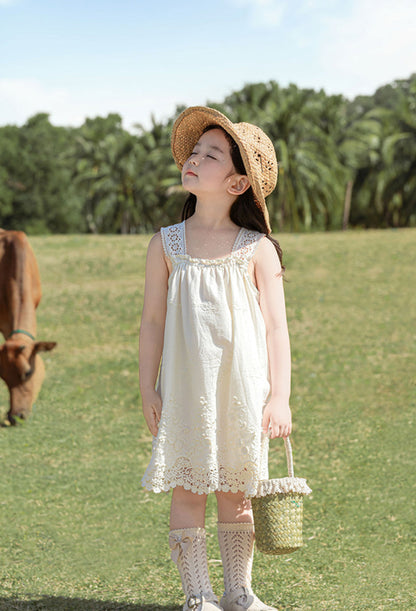 Elodie Floral Embroidered Broderie Strap Dress, Ivory