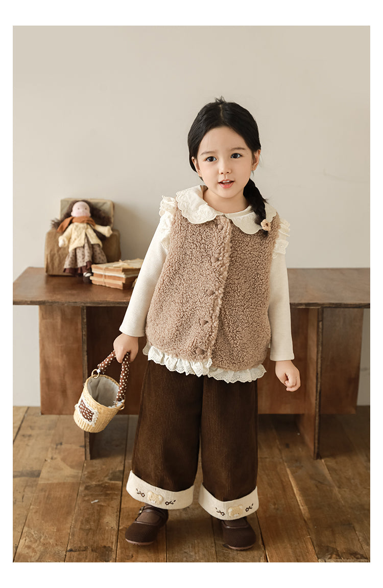 Lace Trim Pile Gilet, Latte Brown