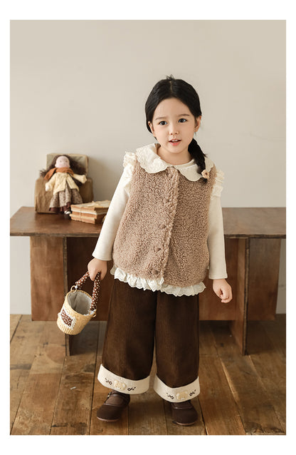 Lace Trim Pile Gilet, Latte Brown