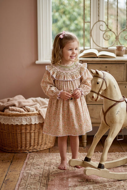 Camille Ruffled Hand-Smocked Dress, Peach Blossom