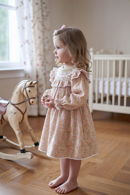 Camille Ruffled Hand-Smocked Dress, Peach Blossom