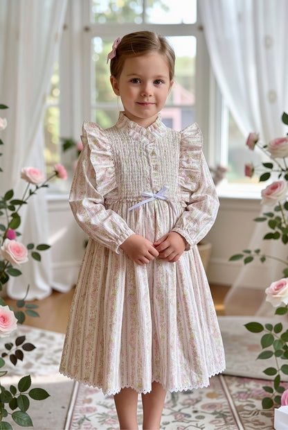 Rosalie Hand-Smocked Dress, Blush Floral Stripe