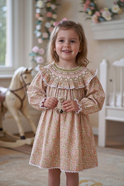 Camille Ruffled Hand-Smocked Dress, Peach Blossom