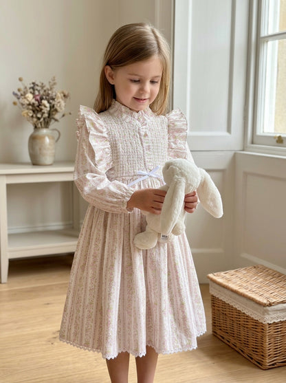 Rosalie Hand-Smocked Dress, Blush Floral Stripe