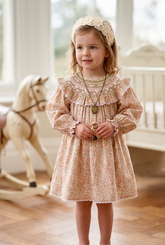 Camille Ruffled Hand-Smocked Dress, Peach Blossom