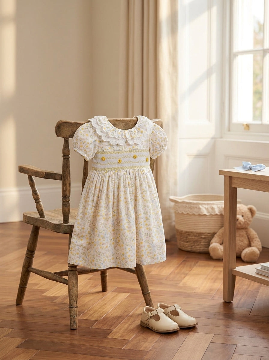 Bella Broderie Collar Hand-Smocked Dress, Honey Blossom