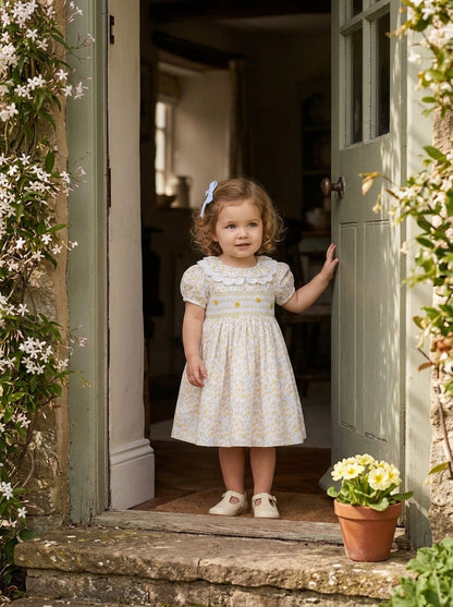 Bella Broderie Collar Hand-Smocked Dress, Honey Blossom