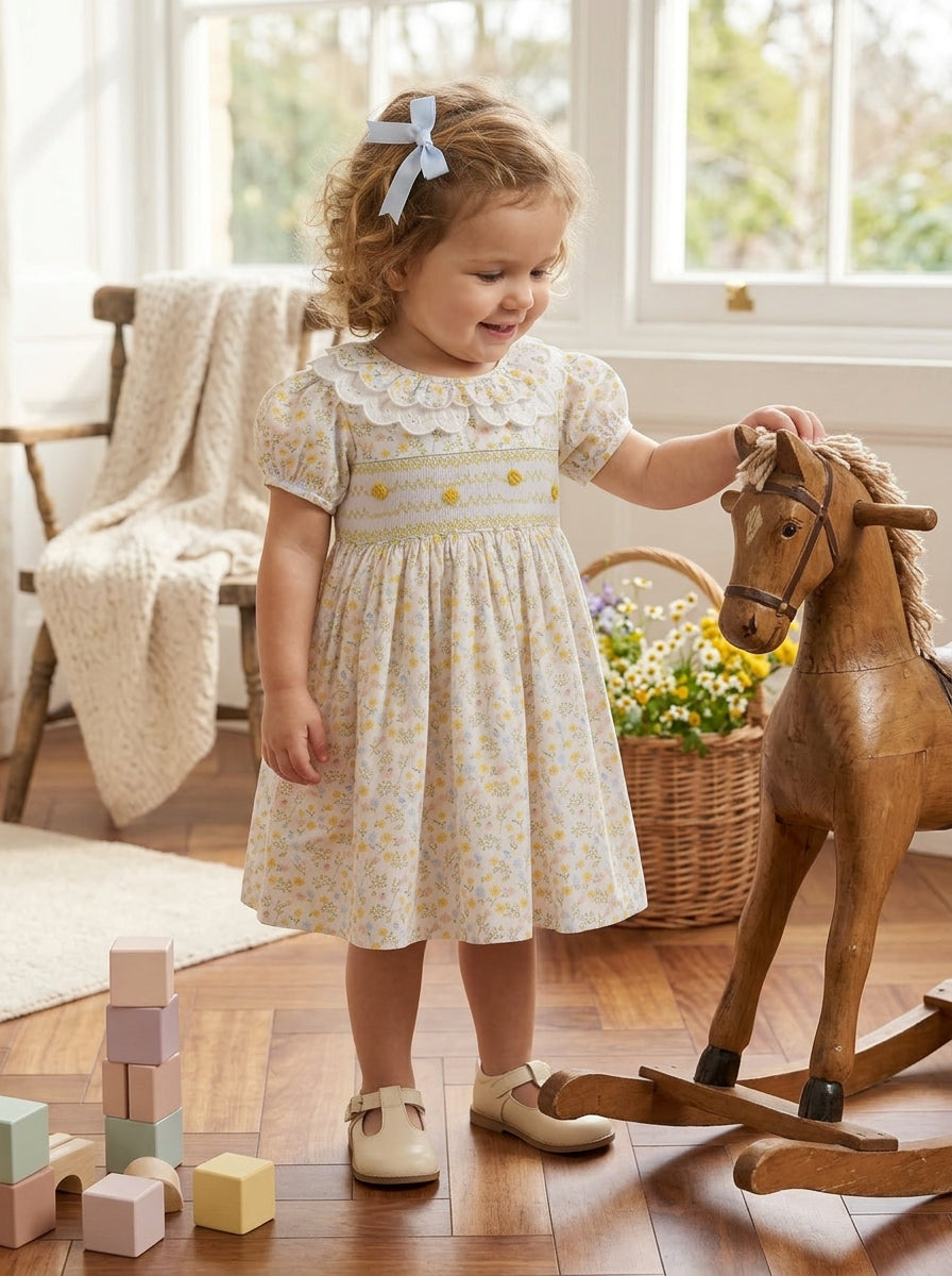 Bella Broderie Collar Hand-Smocked Dress, Honey Blossom