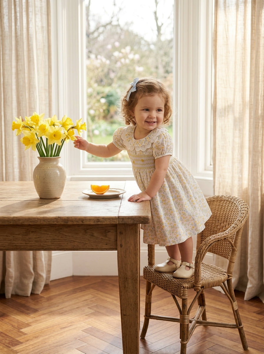 Bella Broderie Collar Hand-Smocked Dress, Honey Blossom