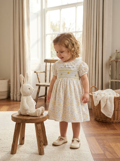 Bella Broderie Collar Hand-Smocked Dress, Honey Blossom