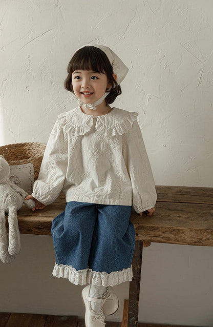 Floral Embroidered Lace Collar Blouse, Ivory