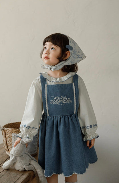 Isla Embroidered Denim Pinafore Dress, Classic Blue
