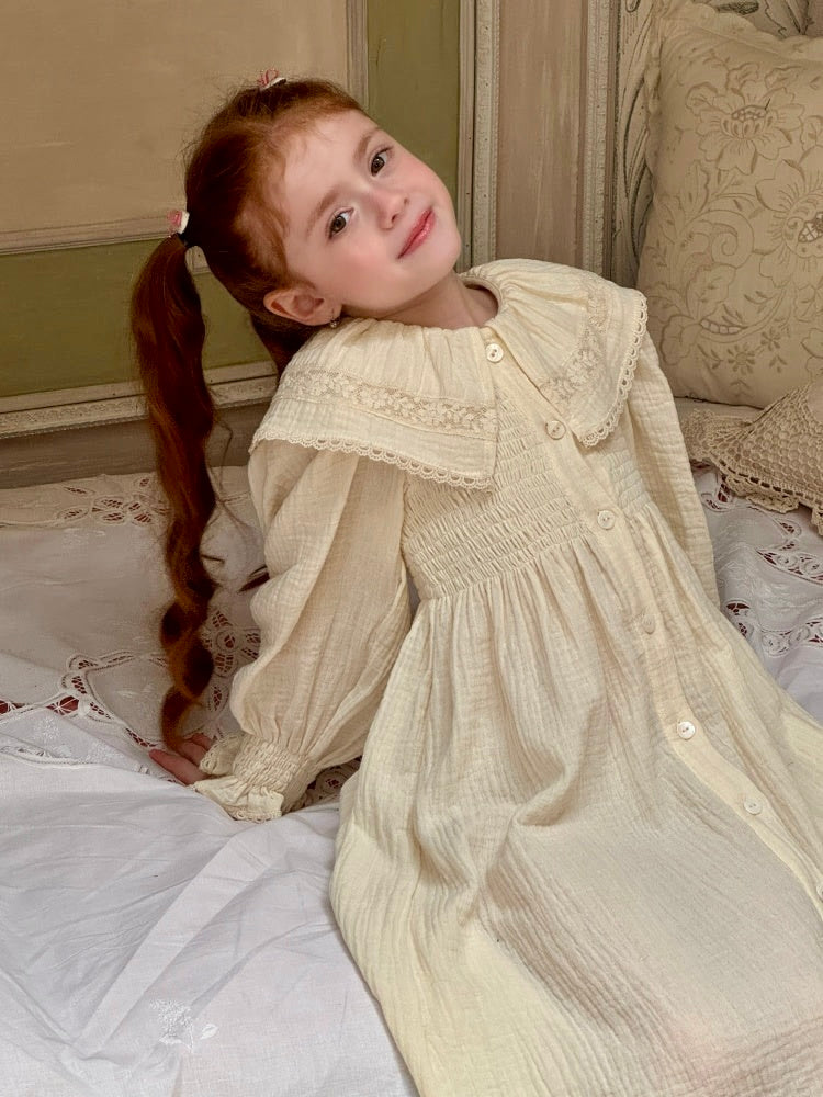 Sophia Lace Collar Muslin Smocked Dress, Ivory