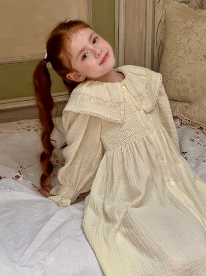 Sophia Lace Collar Muslin Smocked Dress, Ivory