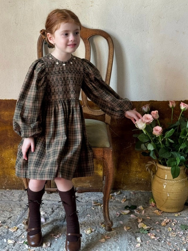 Olivia Floral Crochet Smocked Dress, Olive & Beige
