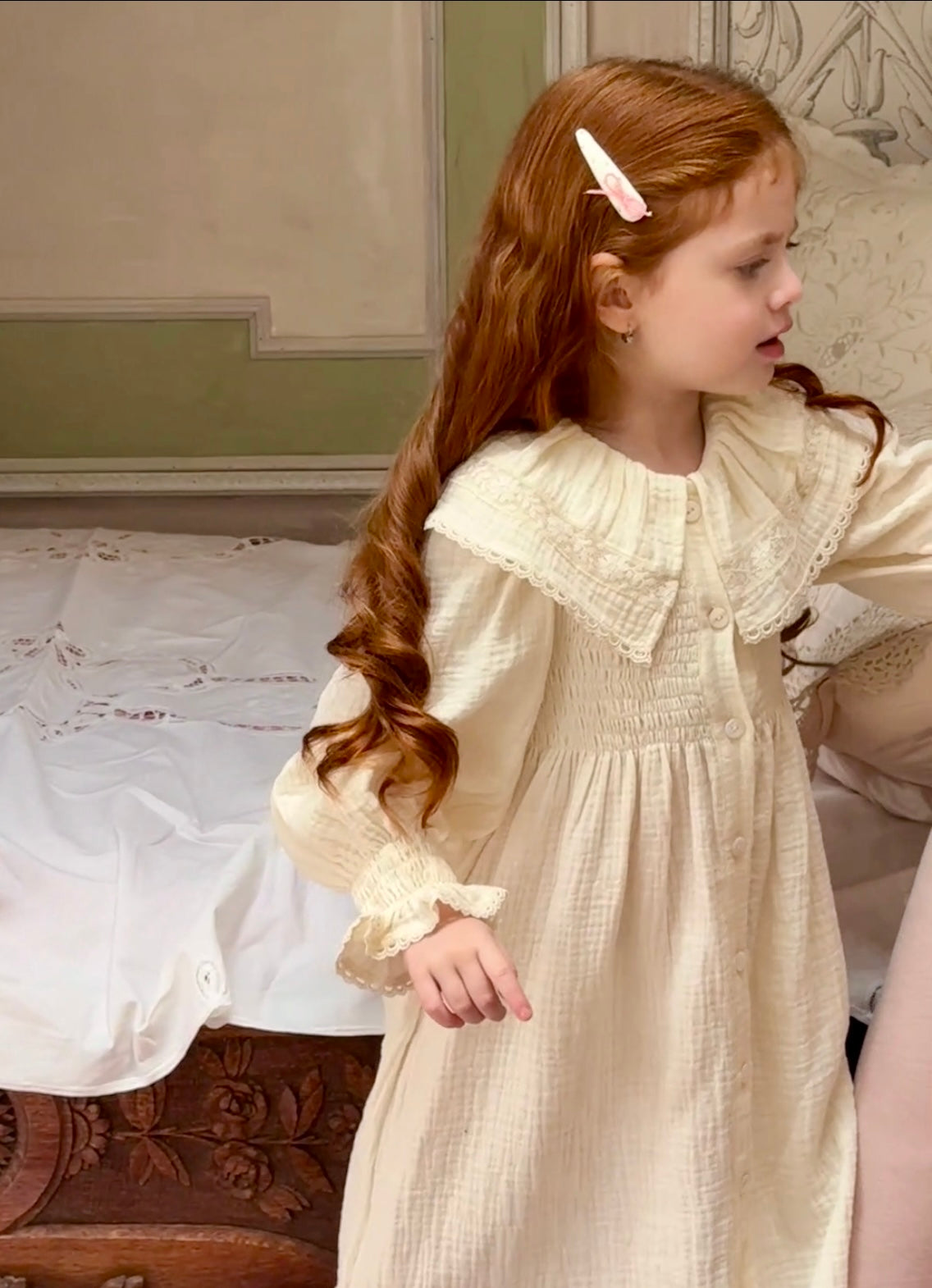 Sophia Lace Collar Muslin Smocked Dress, Ivory