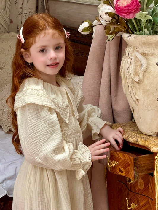 Sophia Lace Collar Muslin Smocked Dress, Ivory