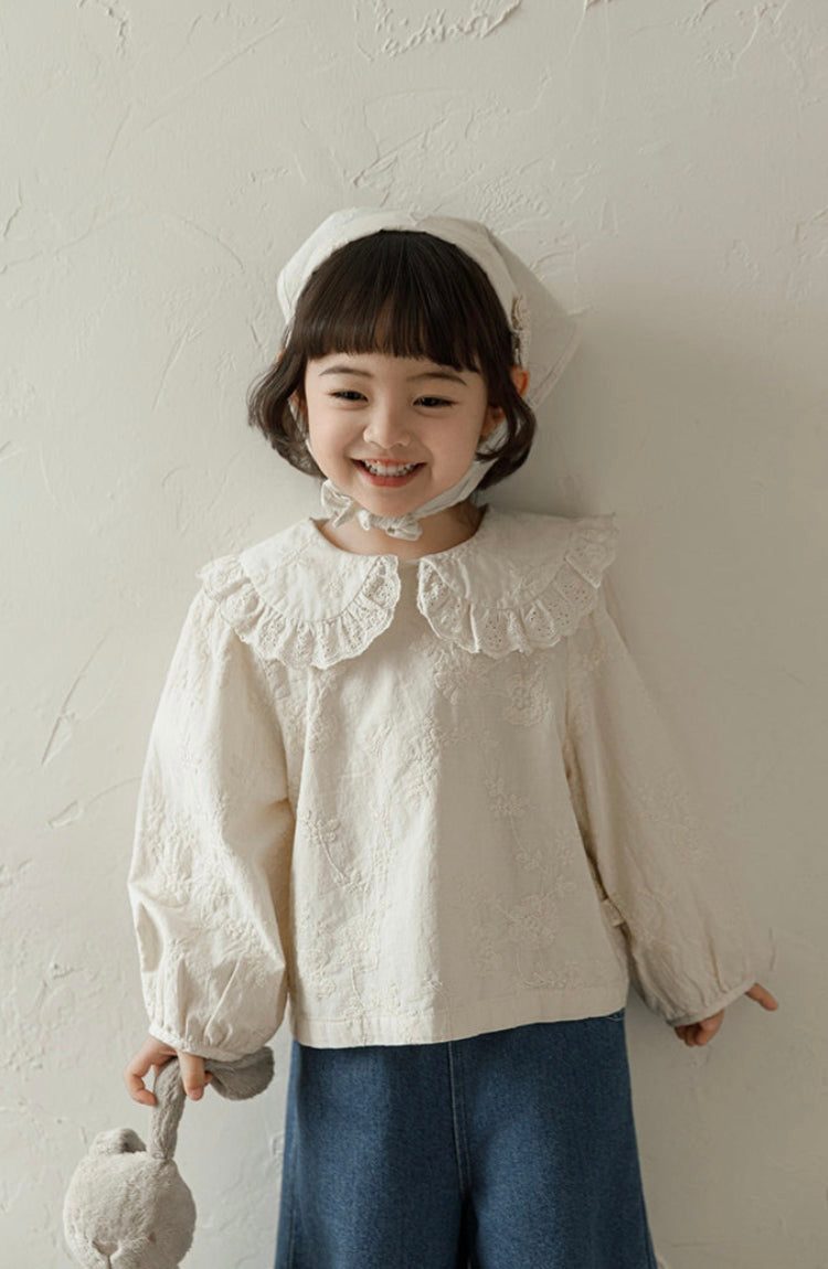 Floral Embroidered Lace Collar Blouse, Ivory