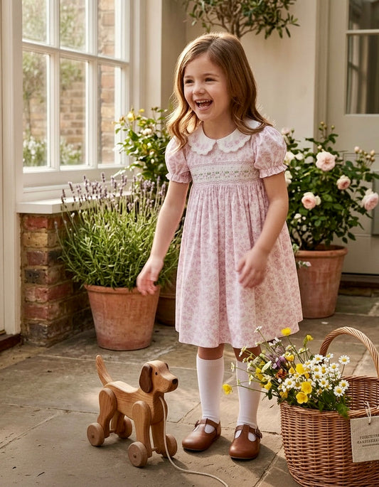 Charlotte Hand-Smocked Dress, Rose Toile