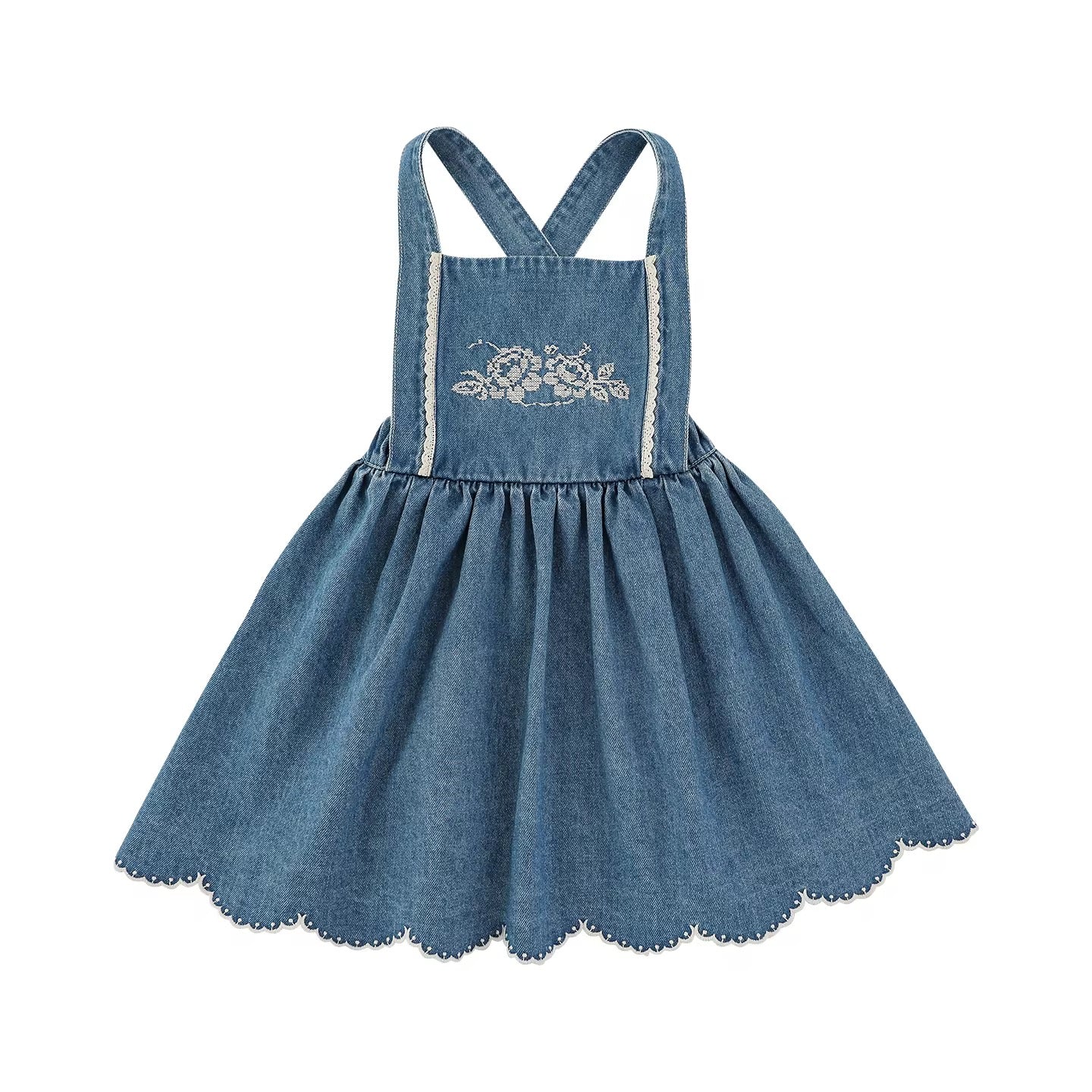 Isla Embroidered Denim Pinafore Dress, Classic Blue