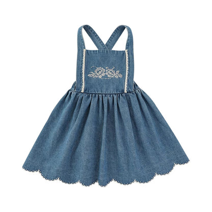 Isla Embroidered Denim Pinafore Dress, Classic Blue