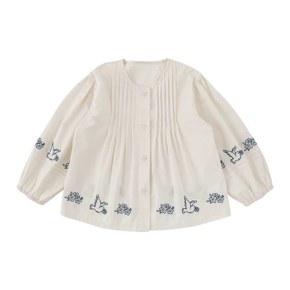 Embroidered Pintuck Cotton Blouse, Ivory