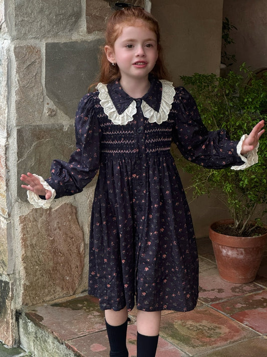 Valerie Lace Trim Smocked Dress, Navy Floral