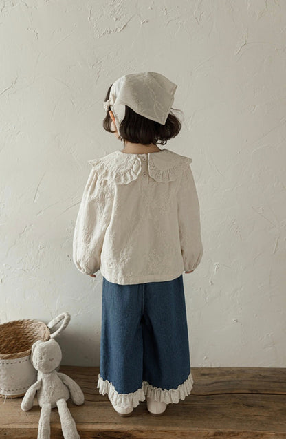 Lace Hem Ruffled Wide-Leg Jeans, Classic Blue