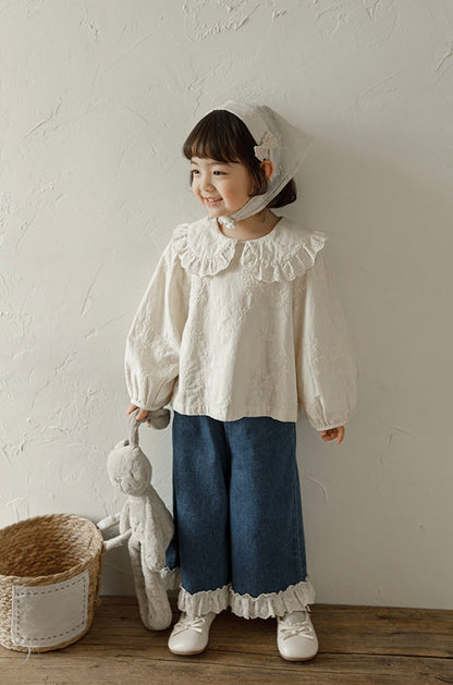 Lace Hem Ruffled Wide-Leg Jeans, Classic Blue