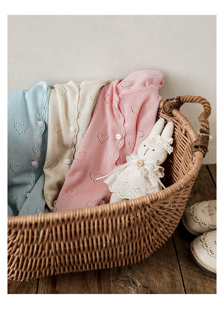 Lyocell Knit Heart Pointelle Cardigan, Rose Pink