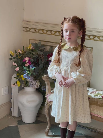 Celeste Velvet Collar Smocked Dress, Cream & Olive