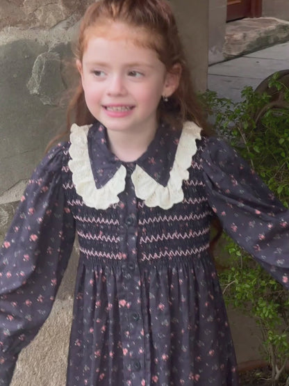 Valerie Lace Trim Smocked Dress, Navy Floral